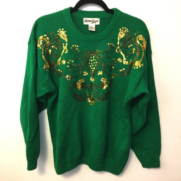 Vintage 80s Green Gold Sweater St Patricks Day Fighting Irish Beaded Sequins (BT - Picture 13 of 16